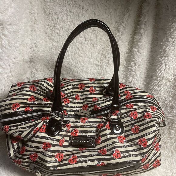 Betsey Johnson fabric Black & White red ladybugs weekender bag synthetic trim - Picture 5 of 13